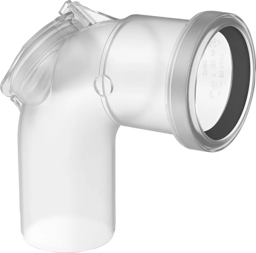 Transparenter Abgasrevisionsbogen von Bosch mit einem gebogenen Design und einem Anschluss für ein Rohr mit 60 mm Durchmesser.